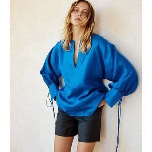 NWT Harshman Laile Tie Cuff 100% Linen Blue Blouse‎ Size Small